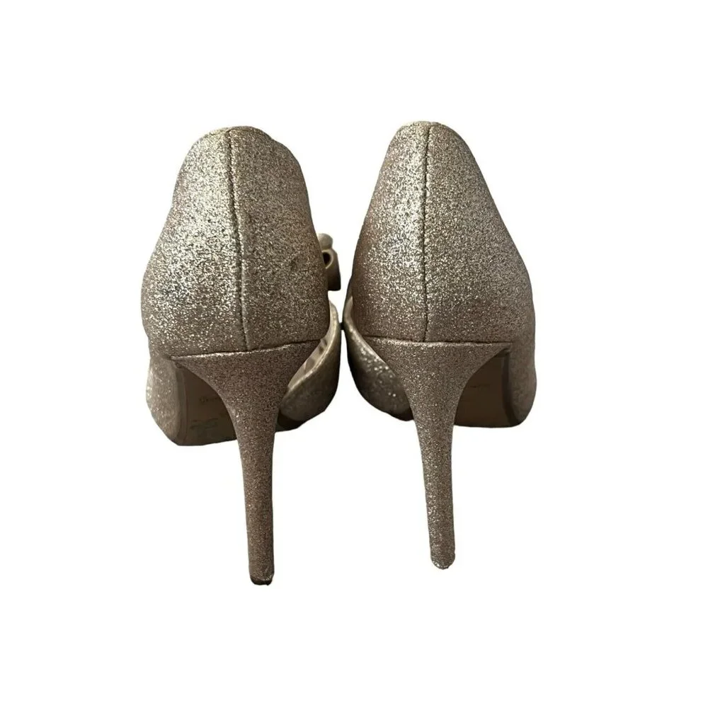 Betsey Johnson Stiletto High Heel Shoes Size 7 Gold Iris Pointed Toe Bow - Picture 5 of 10